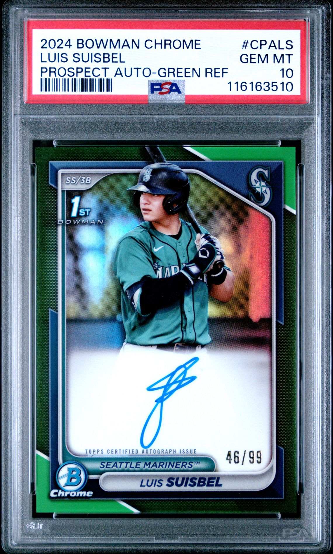 2024 Bowman Chrome Prospect Autographs Luis Suisbel #Cpals (Prospect Auto-Green Ref) Gem Mt 10 front view - PSA graded GEM MT 10