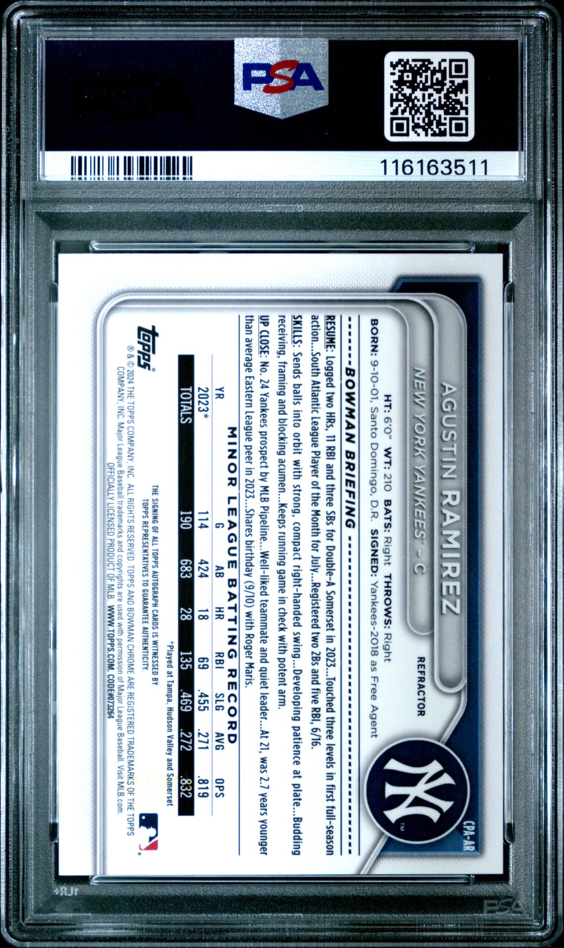 2024 Bowman Chrome Prospect Autographs Agustin Ramirez #Cpaar (Chrome Prspct Au-Refractor) Mint 9 back