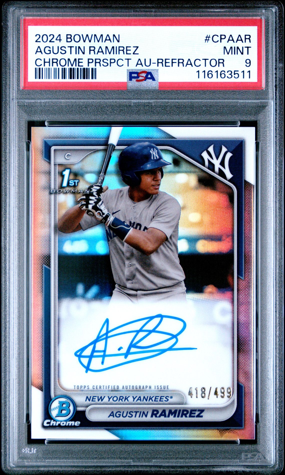 2024 Bowman Chrome Prospect Autographs Agustin Ramirez #Cpaar (Chrome Prspct Au-Refractor) Mint 9 front