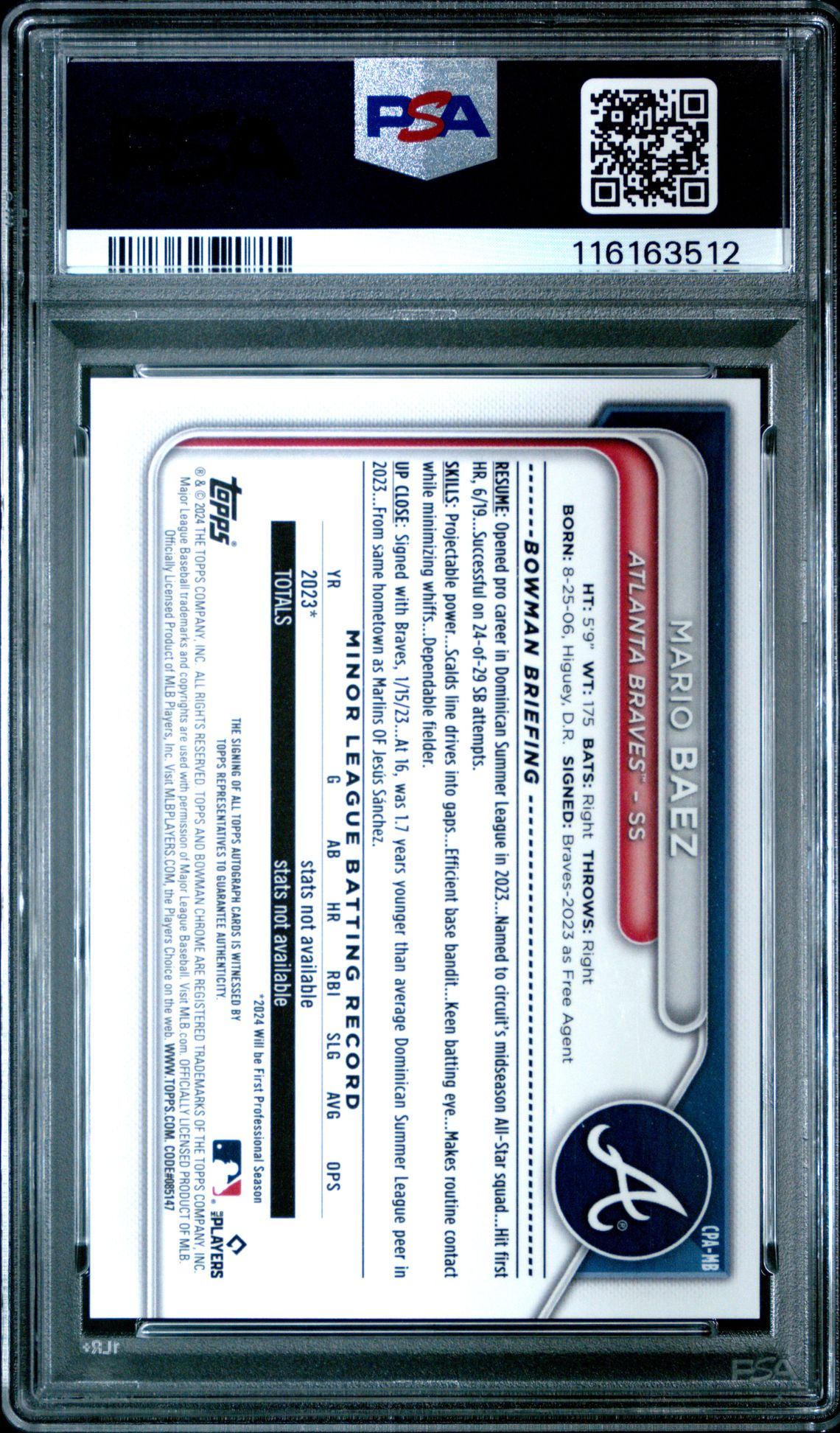 2024 Bowman Chrome Prospect Autographs Mario Baez #Cpamb (Prspct Au-Reptilian Blu Ref) Nm-Mt 8 back