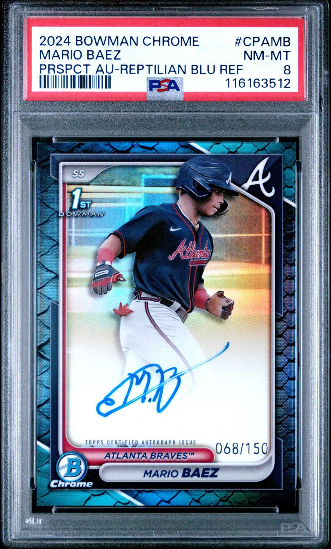 2024 Bowman Chrome Prospect Autographs Mario Baez #Cpamb (Prspct Au-Reptilian Blu Ref) Nm-Mt 8 front