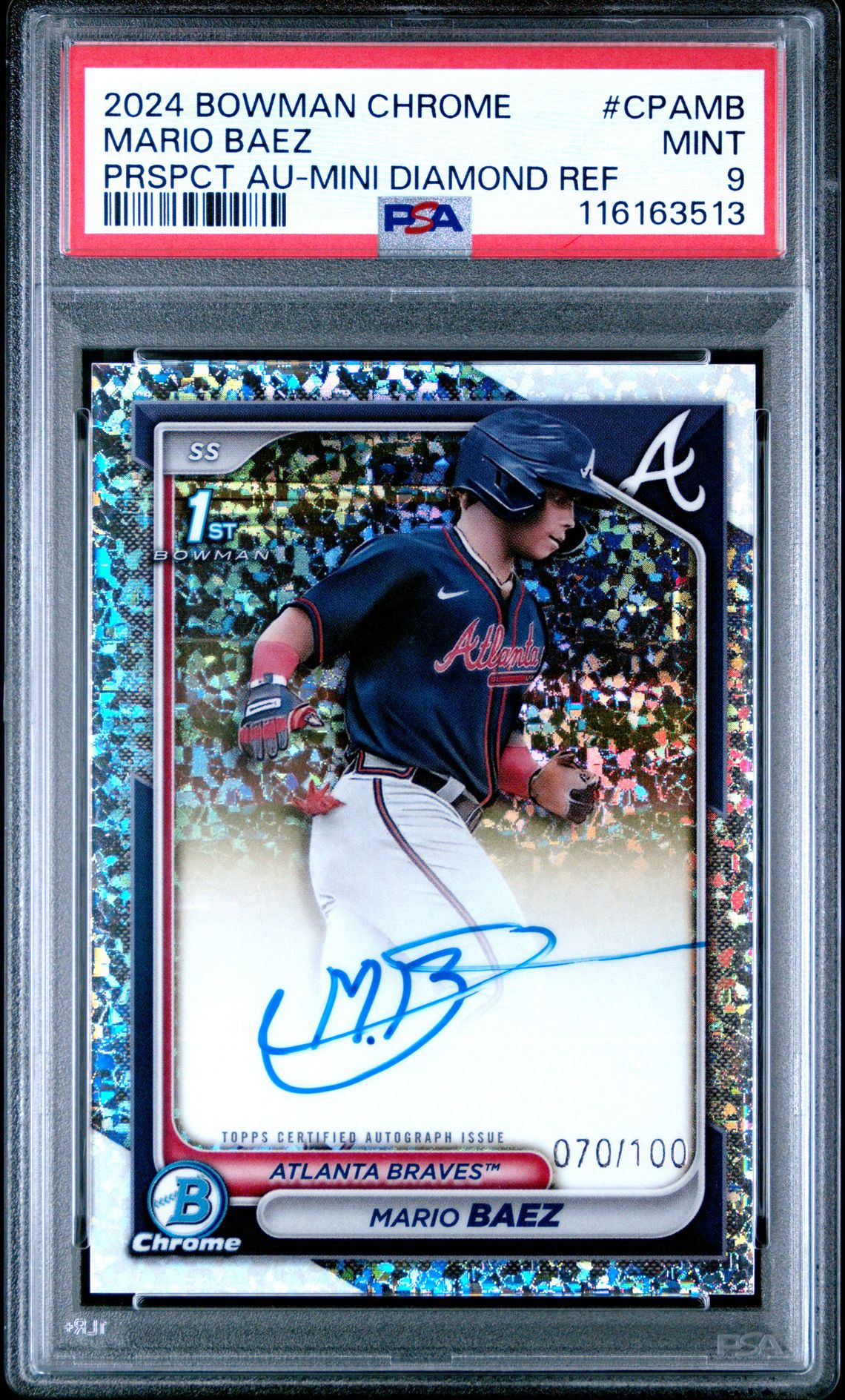 2024 Bowman Chrome Prospect Autographs Mario Baez #Cpamb (Prspct Au-Mini Diamond Ref) Mint 9 front