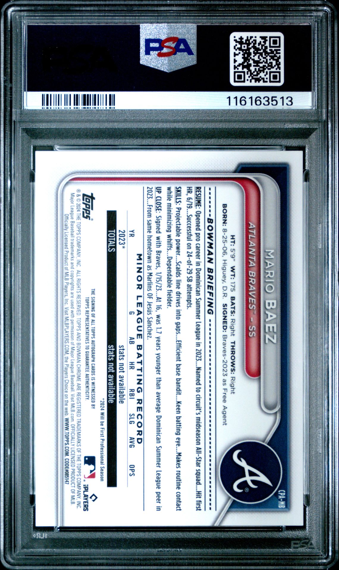 2024 Bowman Chrome Prospect Autographs Mario Baez #Cpamb (Prspct Au-Mini Diamond Ref) Mint 9 back