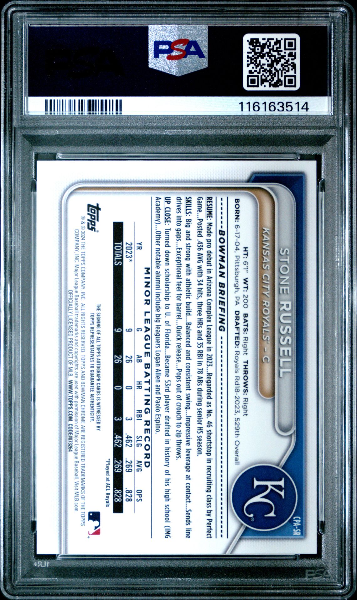 2024 Bowman Chrome Prospect Autographs Stone Russell #Cpasr (Prospect Auto-Gold Ref) Gem Mt 10 back