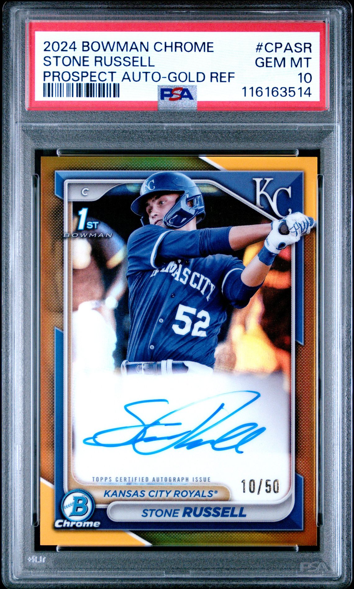 2024 Bowman Chrome Prospect Autographs Stone Russell #Cpasr (Prospect Auto-Gold Ref) Gem Mt 10 front