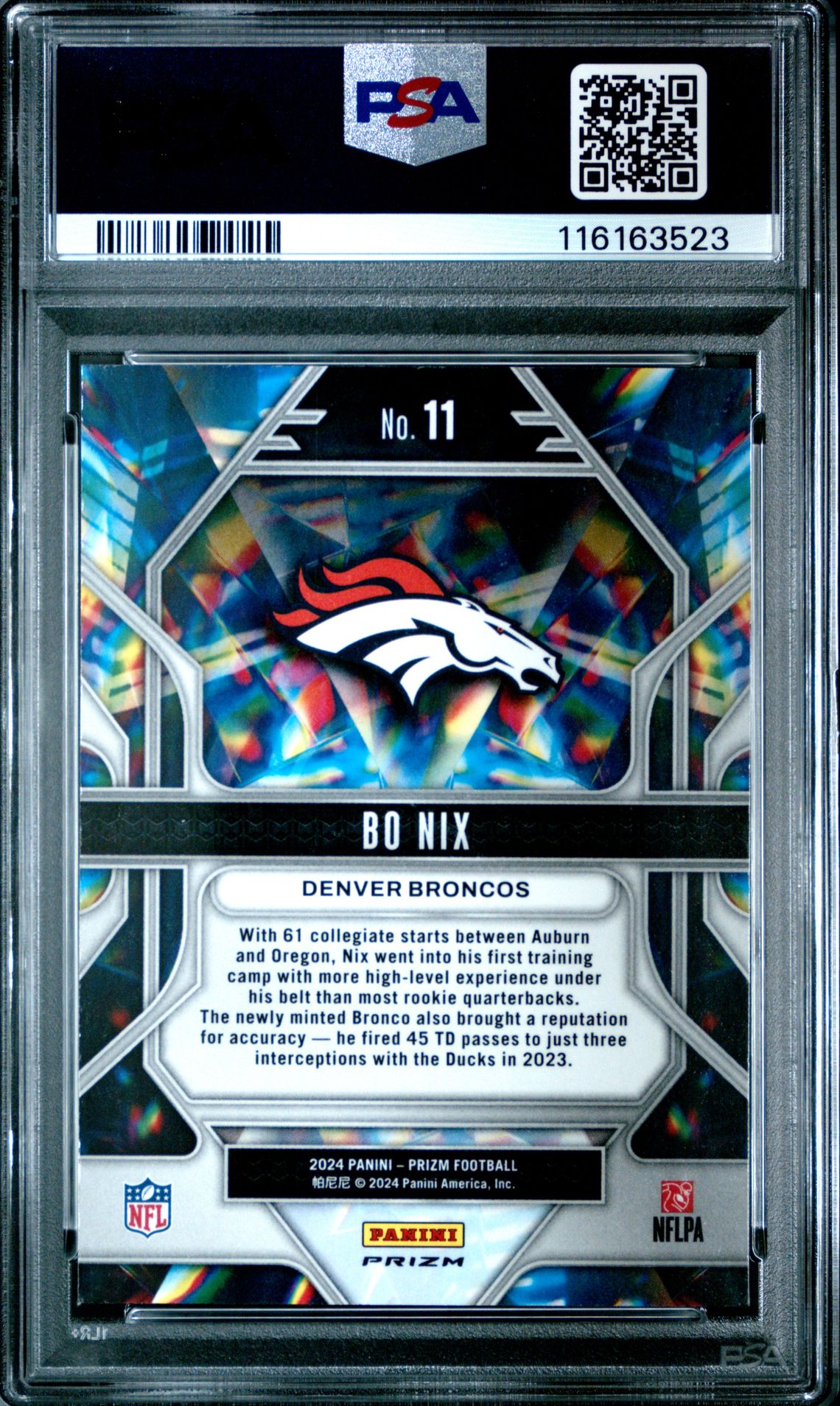 2024 Panini Prizm Prizmatic Bo Nix #11 (Prizmatic-Green Wave) Mint 9 back