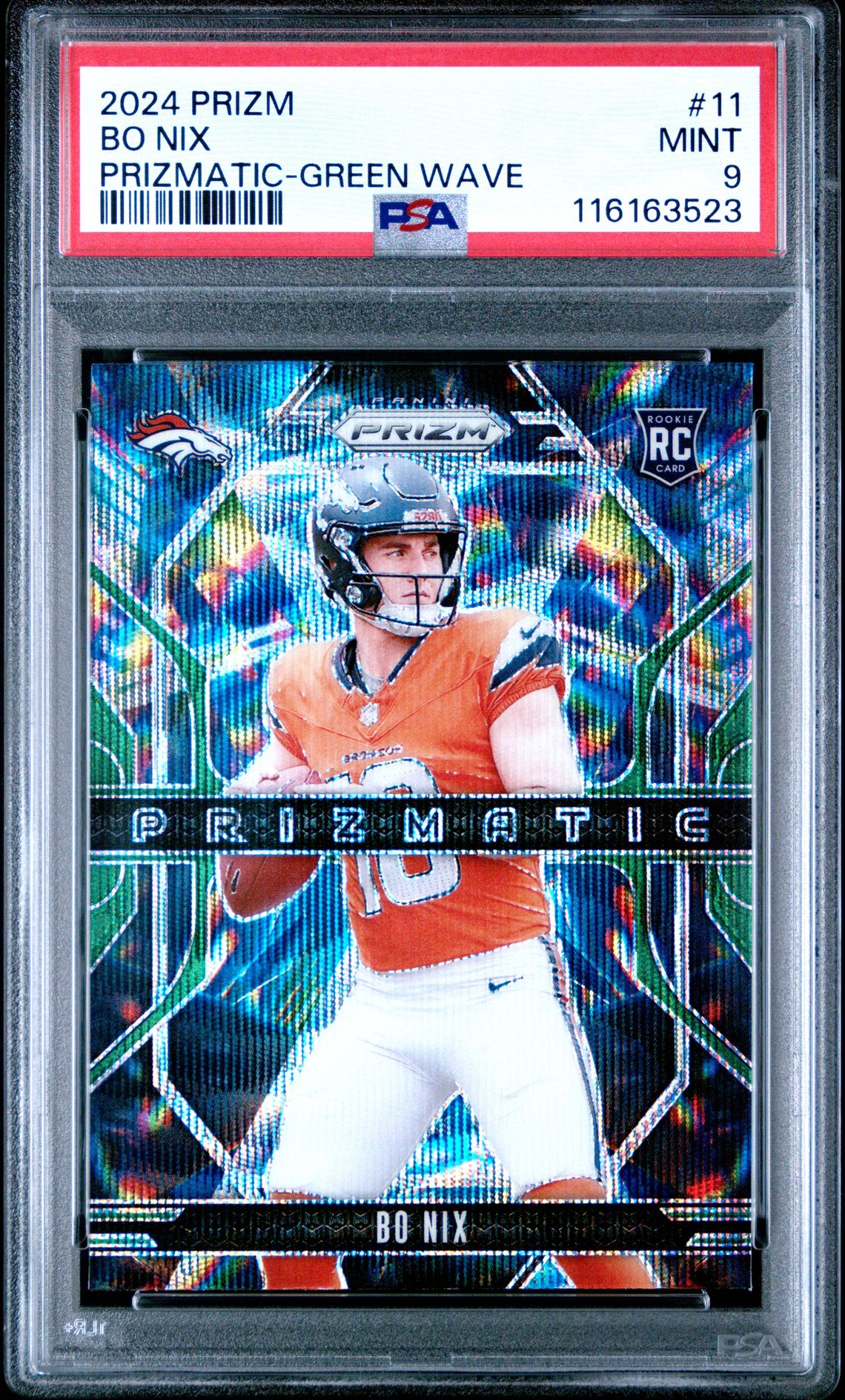 2024 Panini Prizm Prizmatic Bo Nix #11 (Prizmatic-Green Wave) Mint 9 front