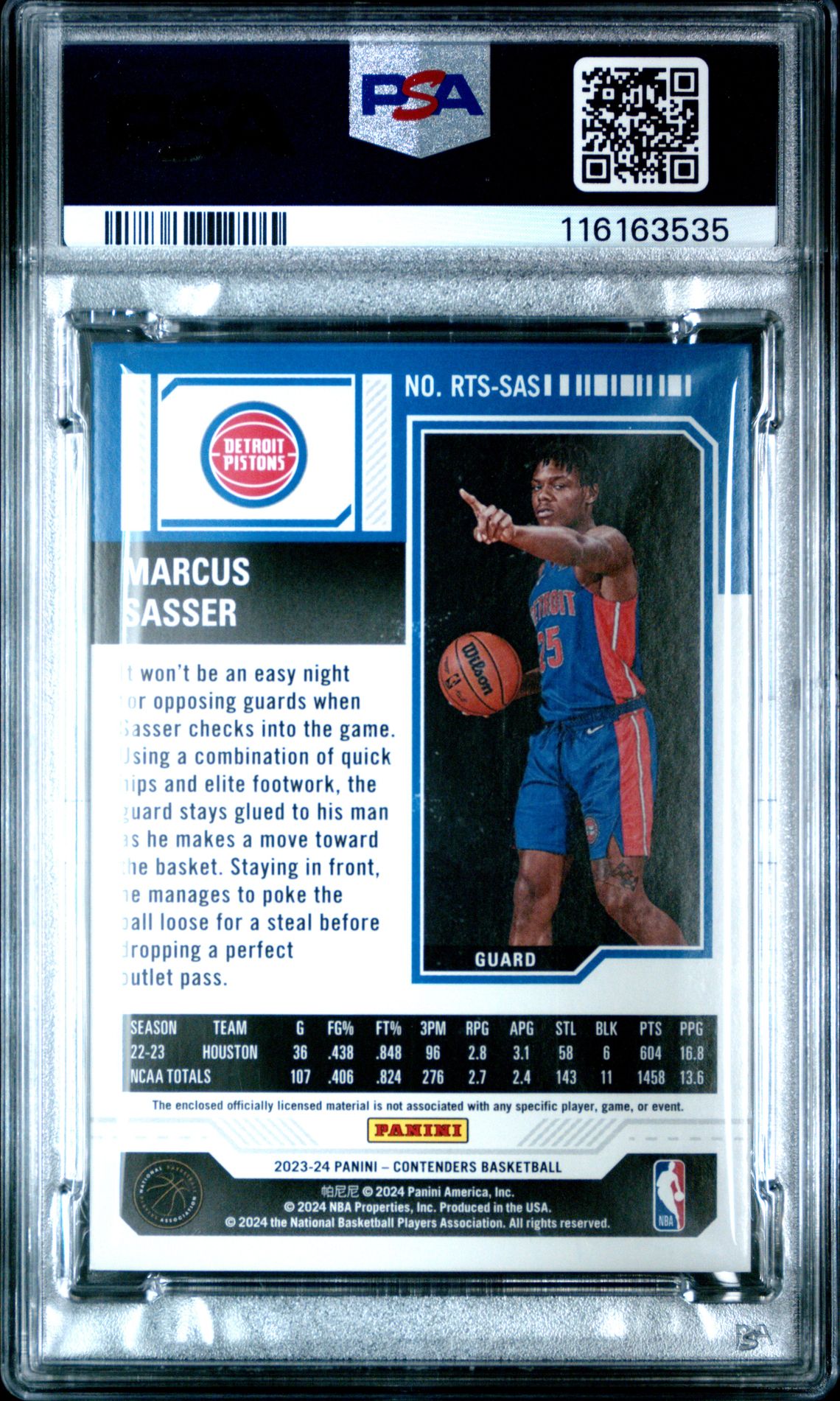 2023 Panini Contenders Rookie Ticket Swatches Marcus Sasser #Rtssas Mint 9 back