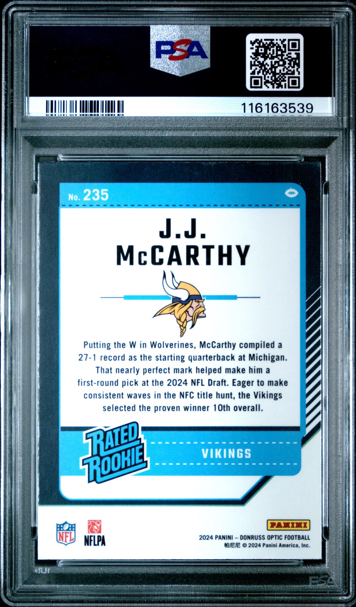 2024 Panini Donruss Optic Jj Mccarthy #235 Gem Mt 10 back