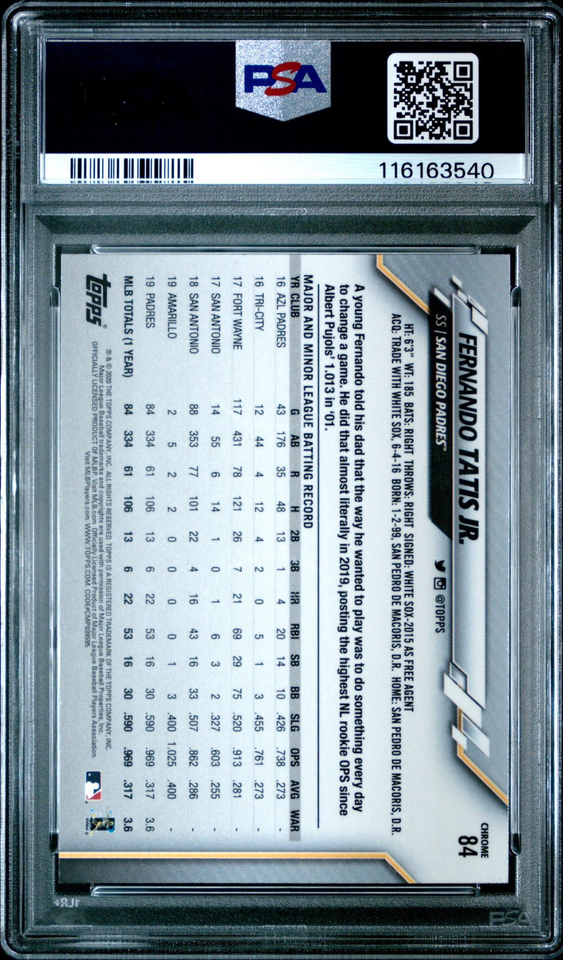 2020 Topps Chrome Fernando Tatis Jr. #84 Gem Mt 10 back