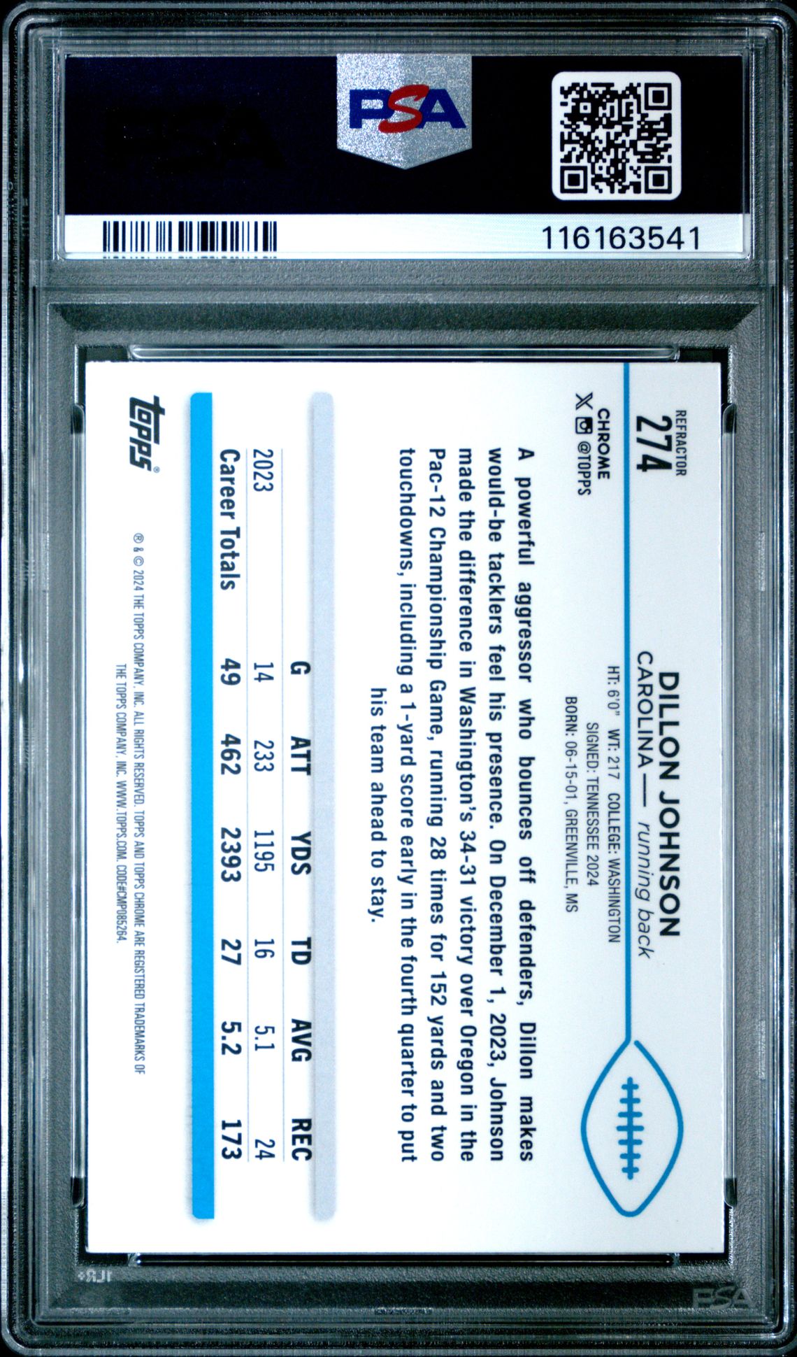 2024 Topps Chrome Dillon Johnson #274 (Refractor) Mint 9 back