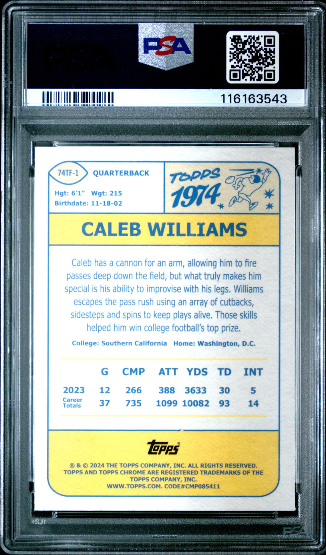 2024 Topps Chrome 1974 Topps Football Caleb Williams #74Tf1 Gem Mt 10 back