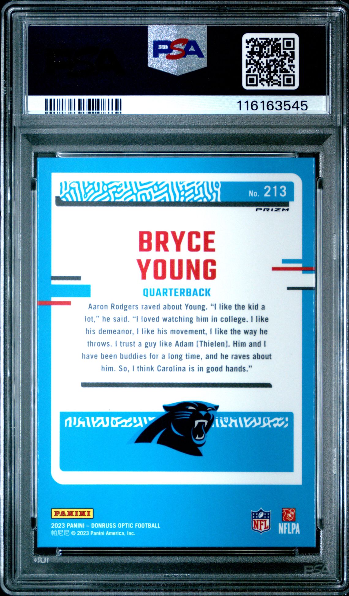 2023 Panini Donruss Optic Bryce Young #213 (Blue Hyper) Gem Mt 10 back