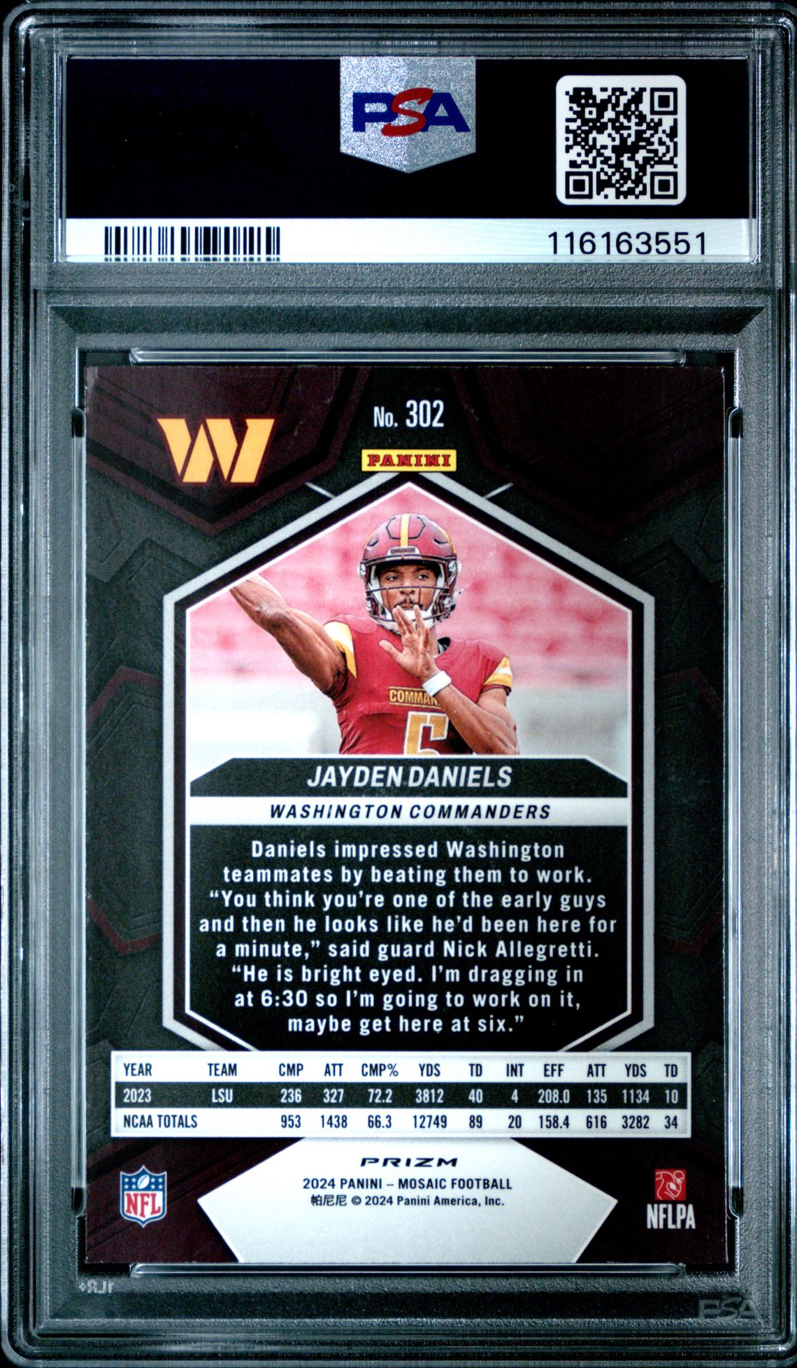 2024 Panini Mosaic Jayden Daniels #302 (Reactive Blue) Gem Mt 10 back