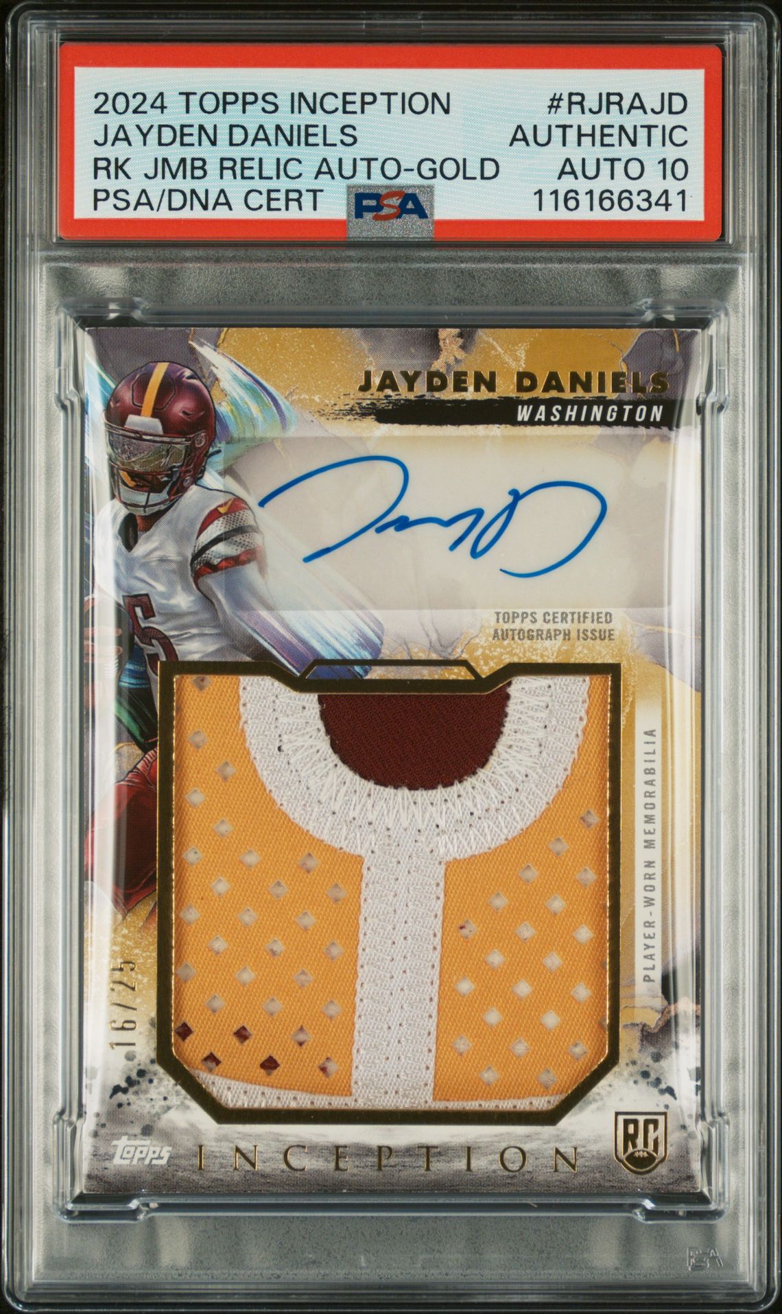 2024 Topps TOPPS INCEPTION ROOKIE JUMBO RELIC AUTOGRAPHS RK JMB RELIC AUTO-GOLD #RJRAJD Jayden Daniels front