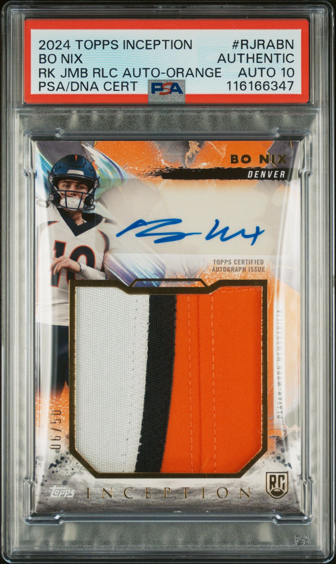 2024 Topps TOPPS INCEPTION ROOKIE JUMBO RELIC AUTOGRAPHS RK JMB RELIC AUTO-MAG #RJRABN Bo Nix front