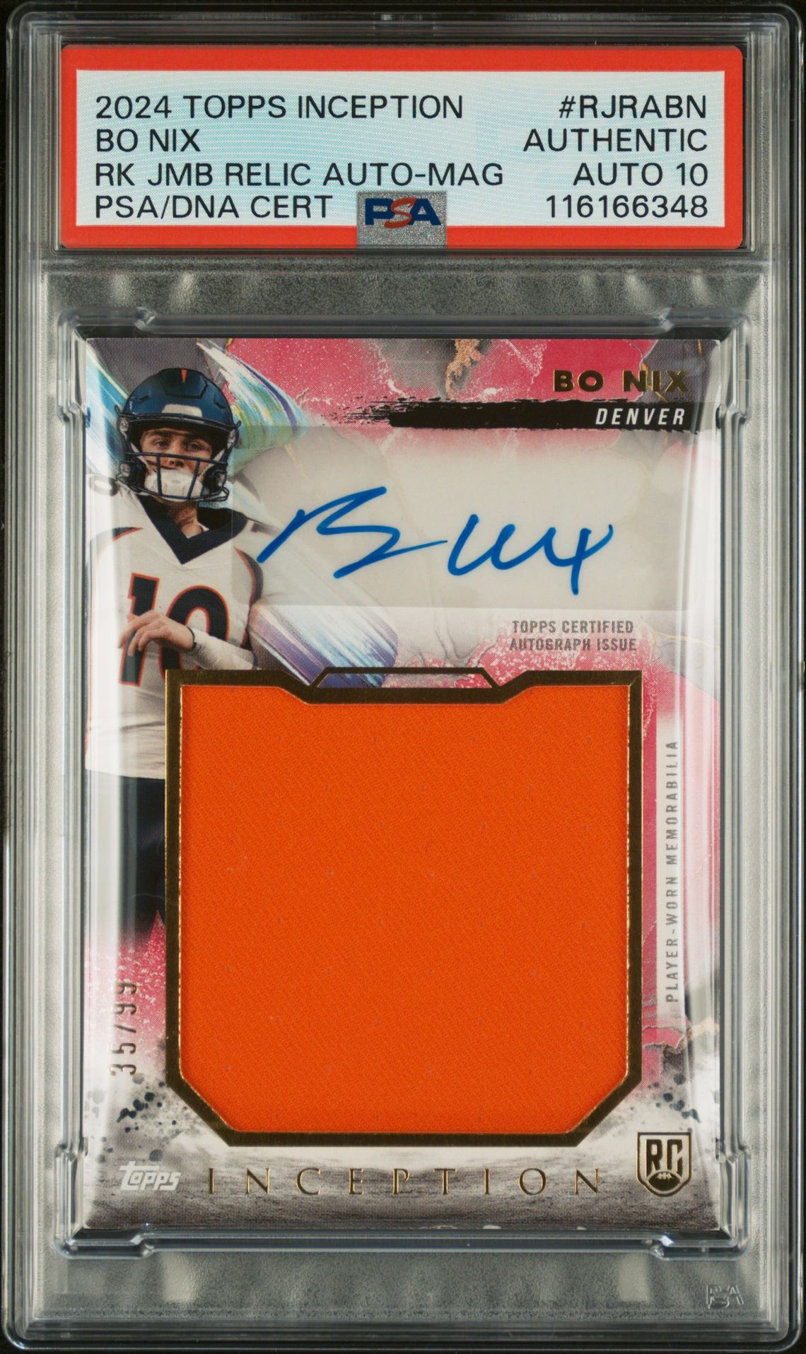 2024 Topps TOPPS INCEPTION ROOKIE JUMBO RELIC AUTOGRAPHS RK JMB RELIC AUTO-MAG #RJRABN Bo Nix front