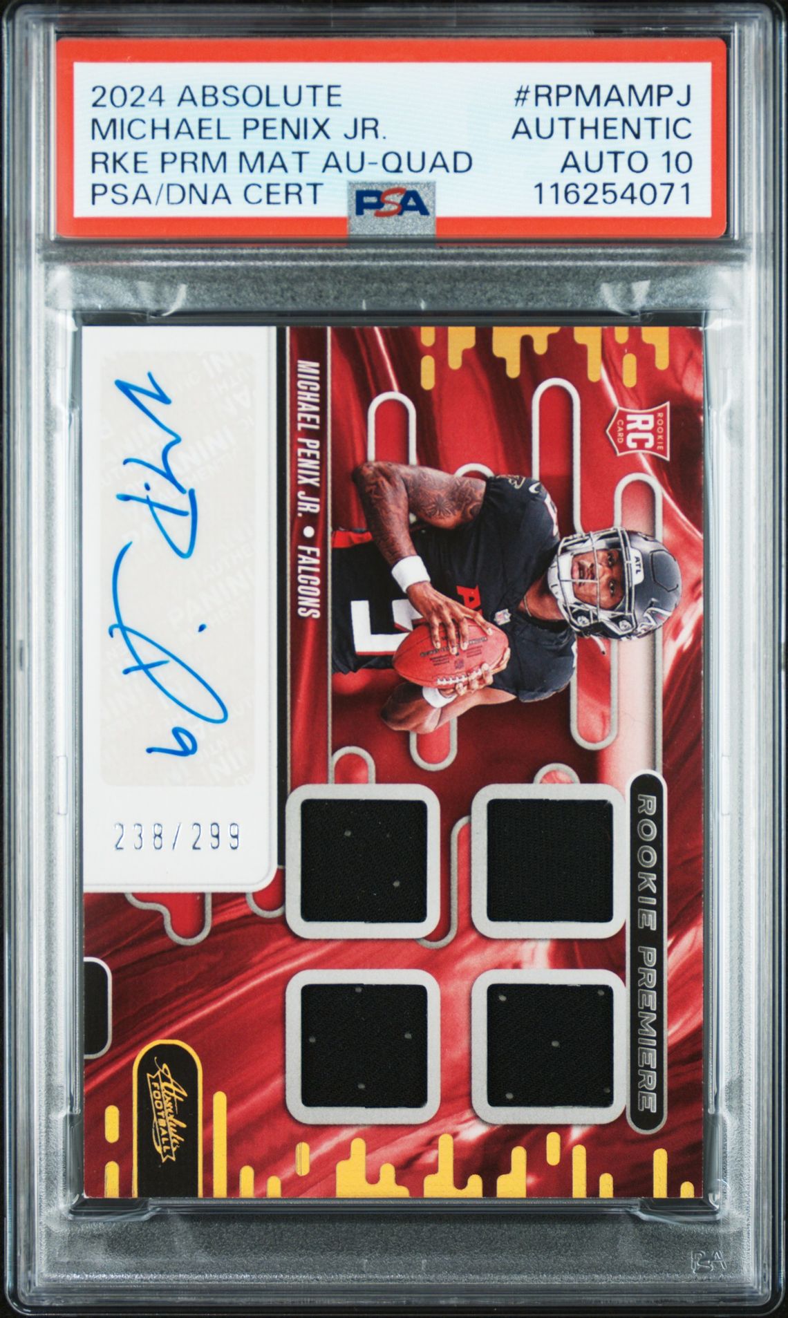 2024 Panini PANINI ABSOLUTE ROOKIE PREMIERE MATERIALS AUTOGRAPHS RKE PRM MAT AU-QUAD #RPMAMPJ Michael Penix Jr. front