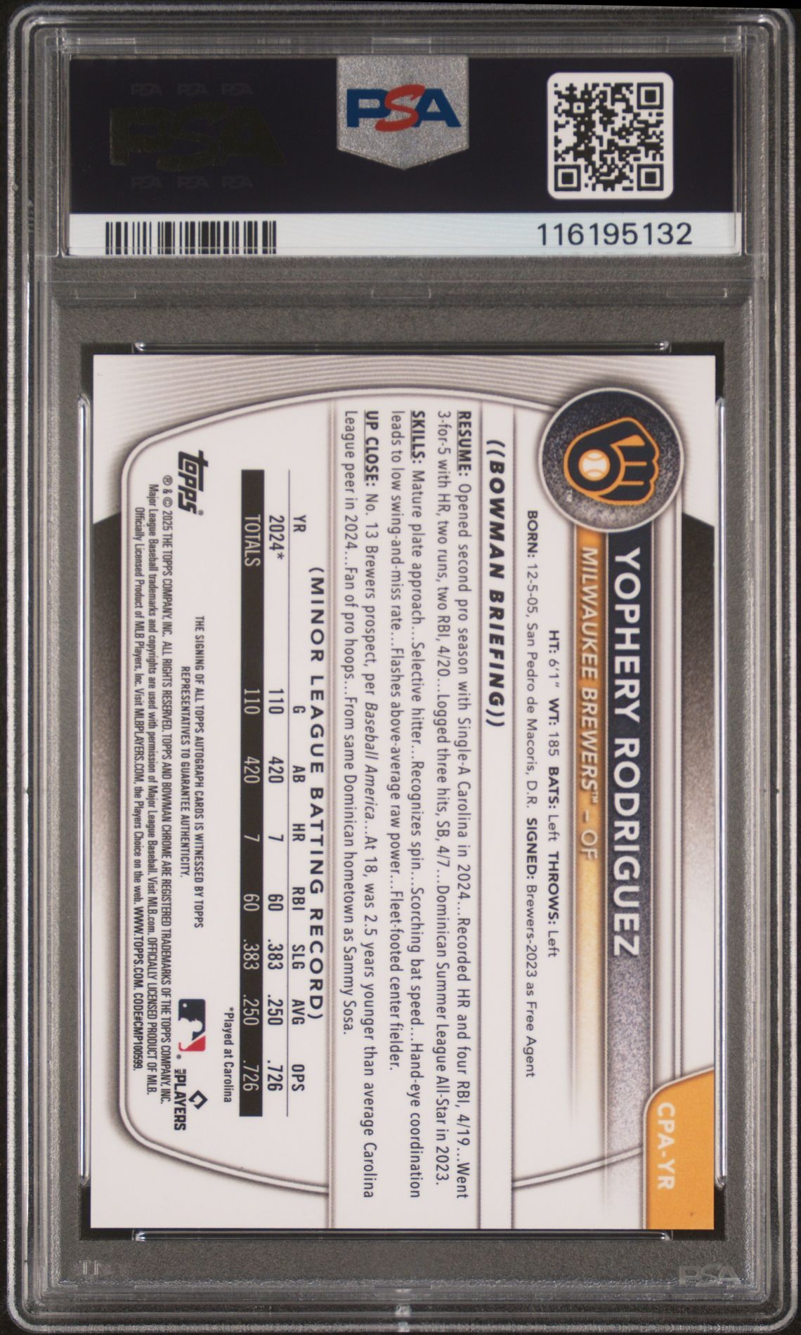 2025 Bowman Chrome Prospect Autographs Yophery Rodriguez #Cpayr Gem Mt 10 back