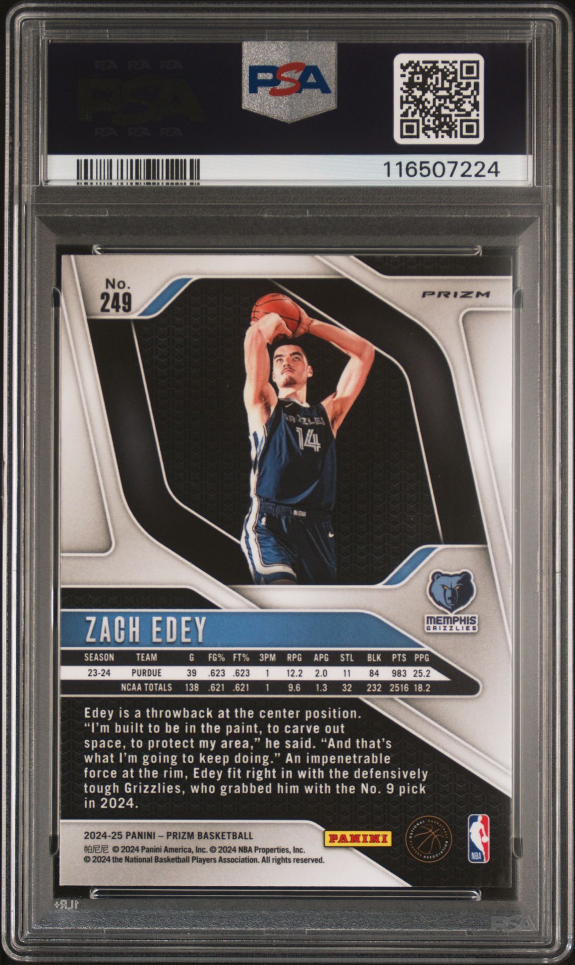2024 Panini Prizm Zach Edey #249 (Silver Prizm) Gem Mt 10 back