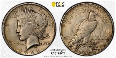 1921 $1 High Relief, Peace AU58