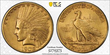 1908-D $10 Motto AU55