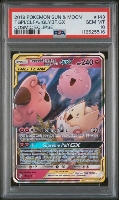 2019 POKEMON SUN & MOON COSMIC ECLIPSE #143 TGPI/CLFA/IGLYBF.GX COSMIC ECLIPSE (PSA 10) (PSA 10) – 116525516