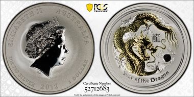 2012-P $1 Year of the Dragon Ag Gilt MS70