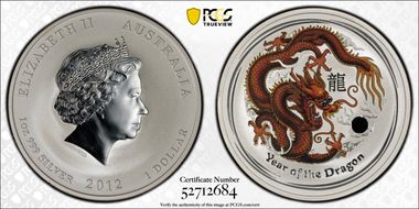 2012-P $1 Year of the Dragon Gold  Ag Colorized MS65