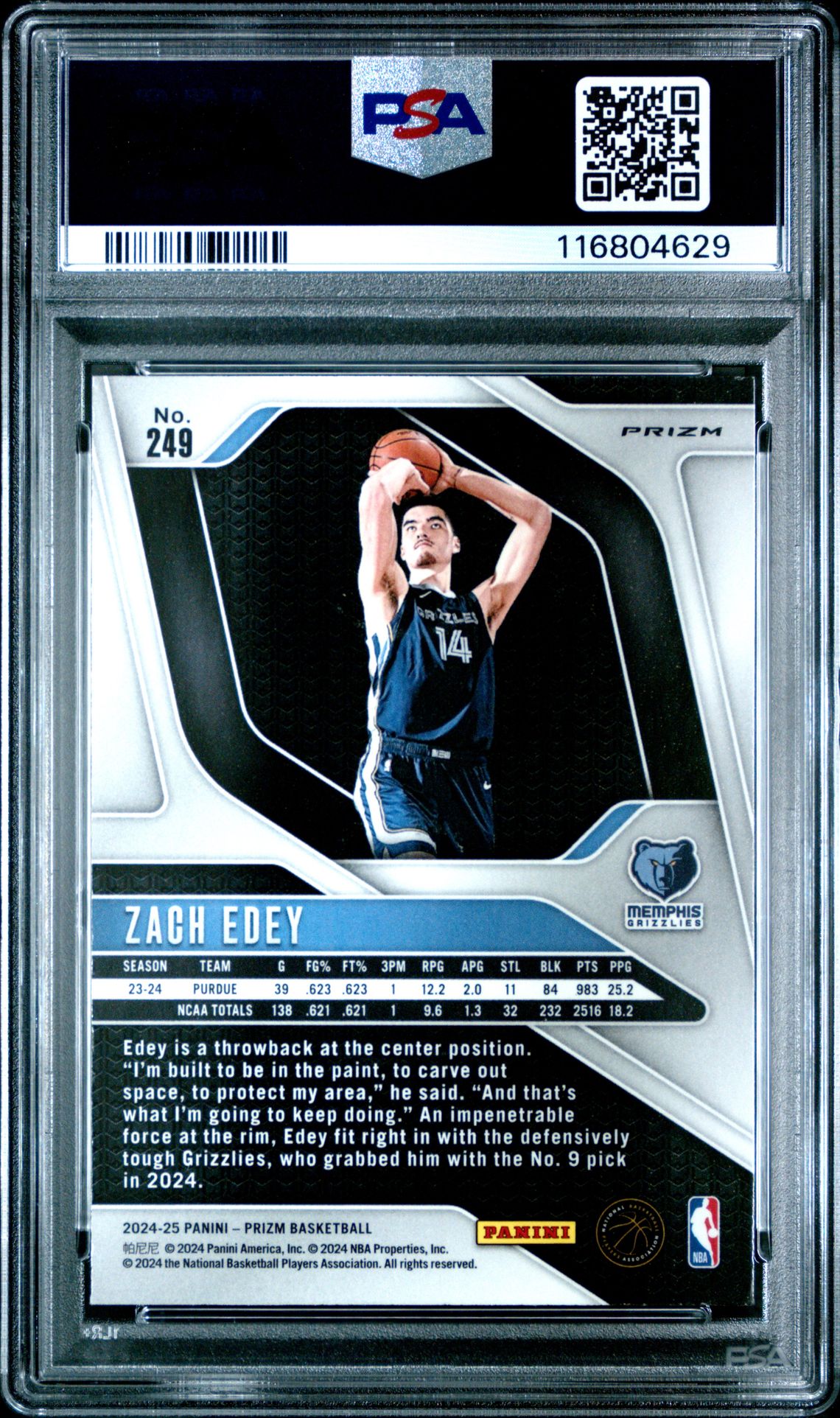 2024 Panini Prizm Zach Edey #249 (Silver Prizm) Gem Mt 10 back