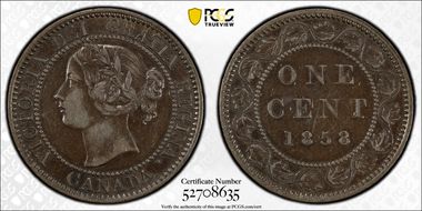 1858 1C ↑↑ Bronze, Broken Vine XF45BN