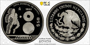 1985-Mo 50 Peso World Cup KM-504 PR69DCAM