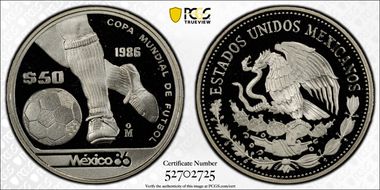 1986-Mo 50 Peso World Cup KM-498a PR69DCAM