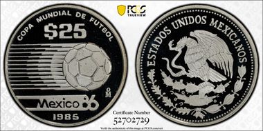 1985-Mo 25 Peso World Cup KM-514 PR69DCAM