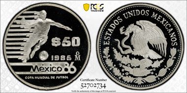 1985-Mo 50 Peso World Cup KM-515 PR69DCAM