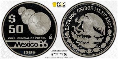 1986-Mo 50 Peso World Cup KM-523 PR69DCAM