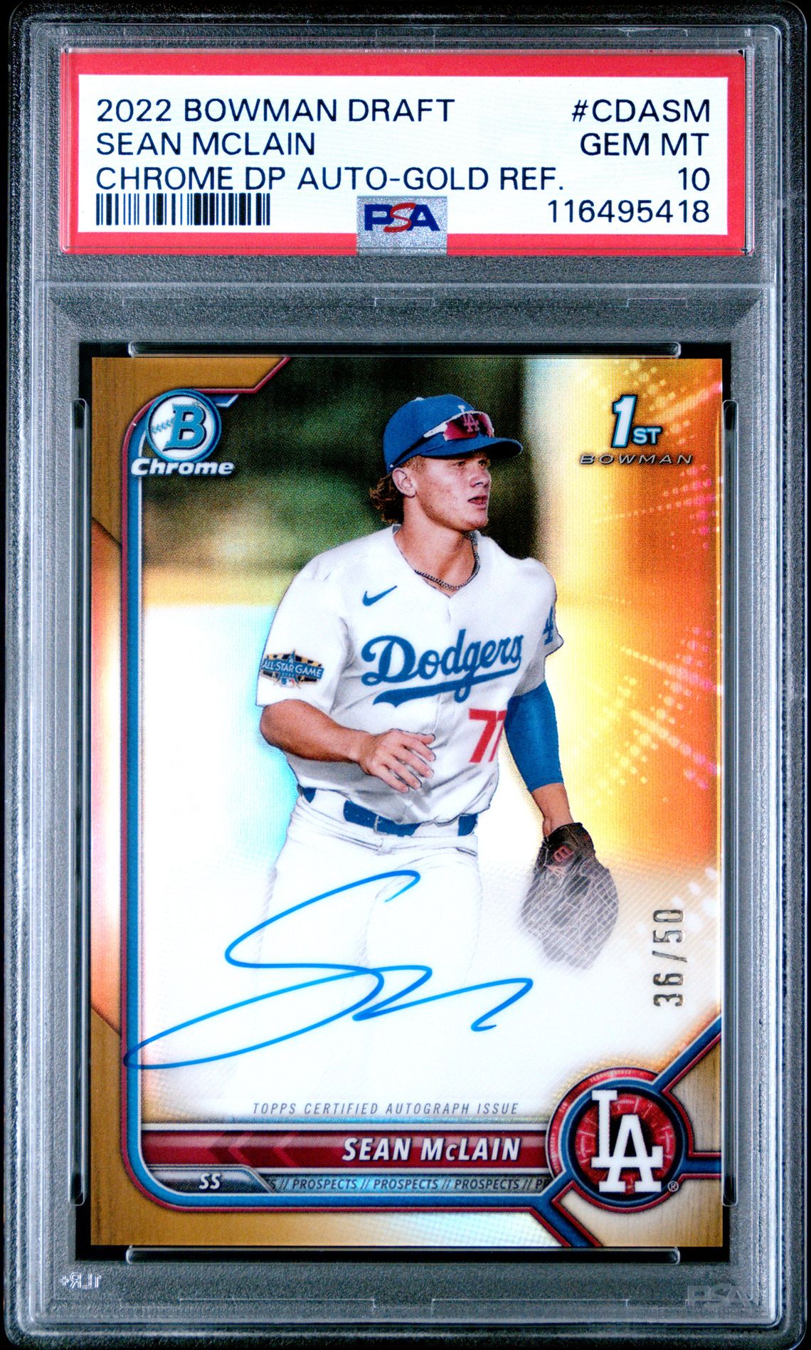 2022 Bowman BOWMAN DRAFT CHROME DRAFT PICK AUTOGRAPHS CHROME DP AUTO-GOLD REF. #CDASM Sean Mclain front