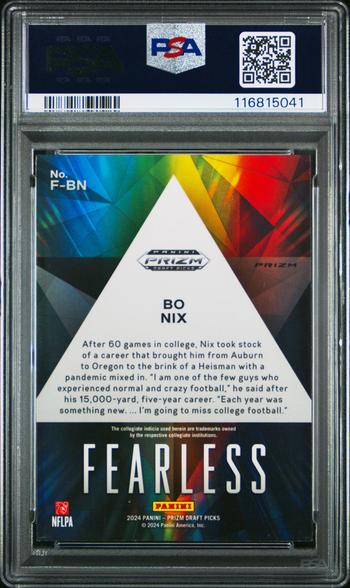 2024 Panini Prizm Draft Picks Fearless Bo Nix #Fbn (Fearless-Red Ice) Gem Mt 10 back