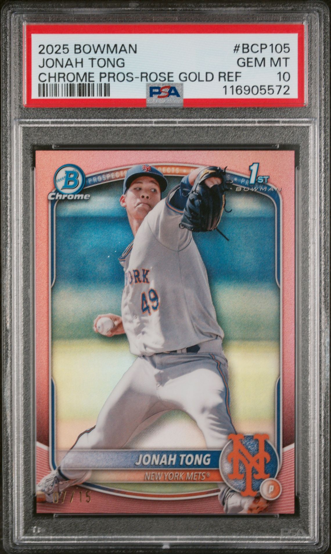 2025 Bowman Chrome Prospects Jonah Tong #Bcp105 (Chrome Pros-Rose Gold Ref) Gem Mt 10 front