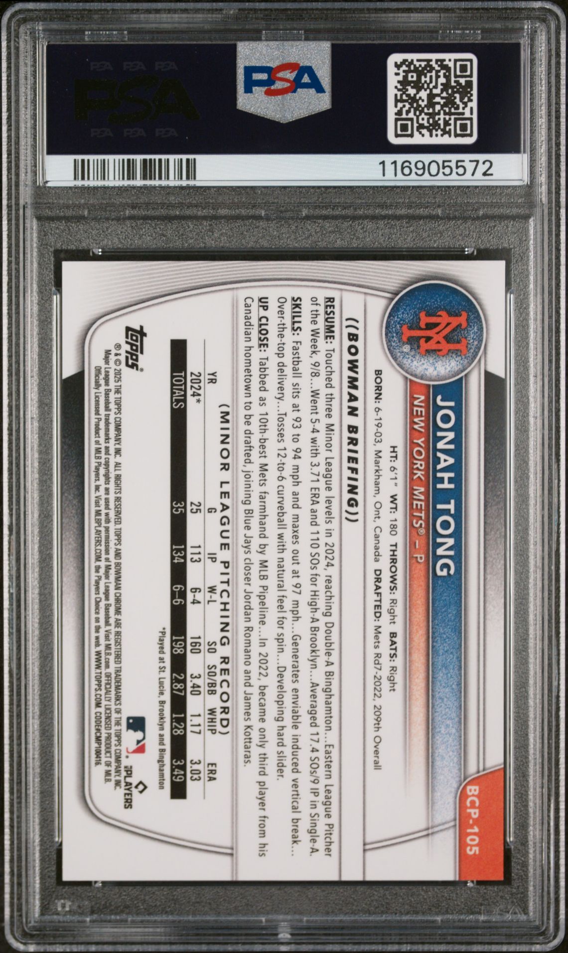 2025 Bowman Chrome Prospects Jonah Tong #Bcp105 (Chrome Pros-Rose Gold Ref) Gem Mt 10 back