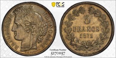 1871-K 5 Fr Gad-742 F-332 Cérès 3 Feuilles MS62