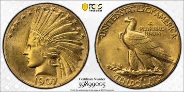 1907 $10 Indian, Wire Rim MS65