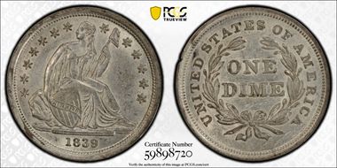 1839 10C No Drapery AU58