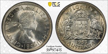 1953(m) Florin Small Rev. Denticles KM-54  Ag MS64