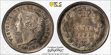 1891 5C Repunched O; 9/9; 1/1 AU53
