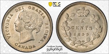 1899 5C Obv Double Punch AU58