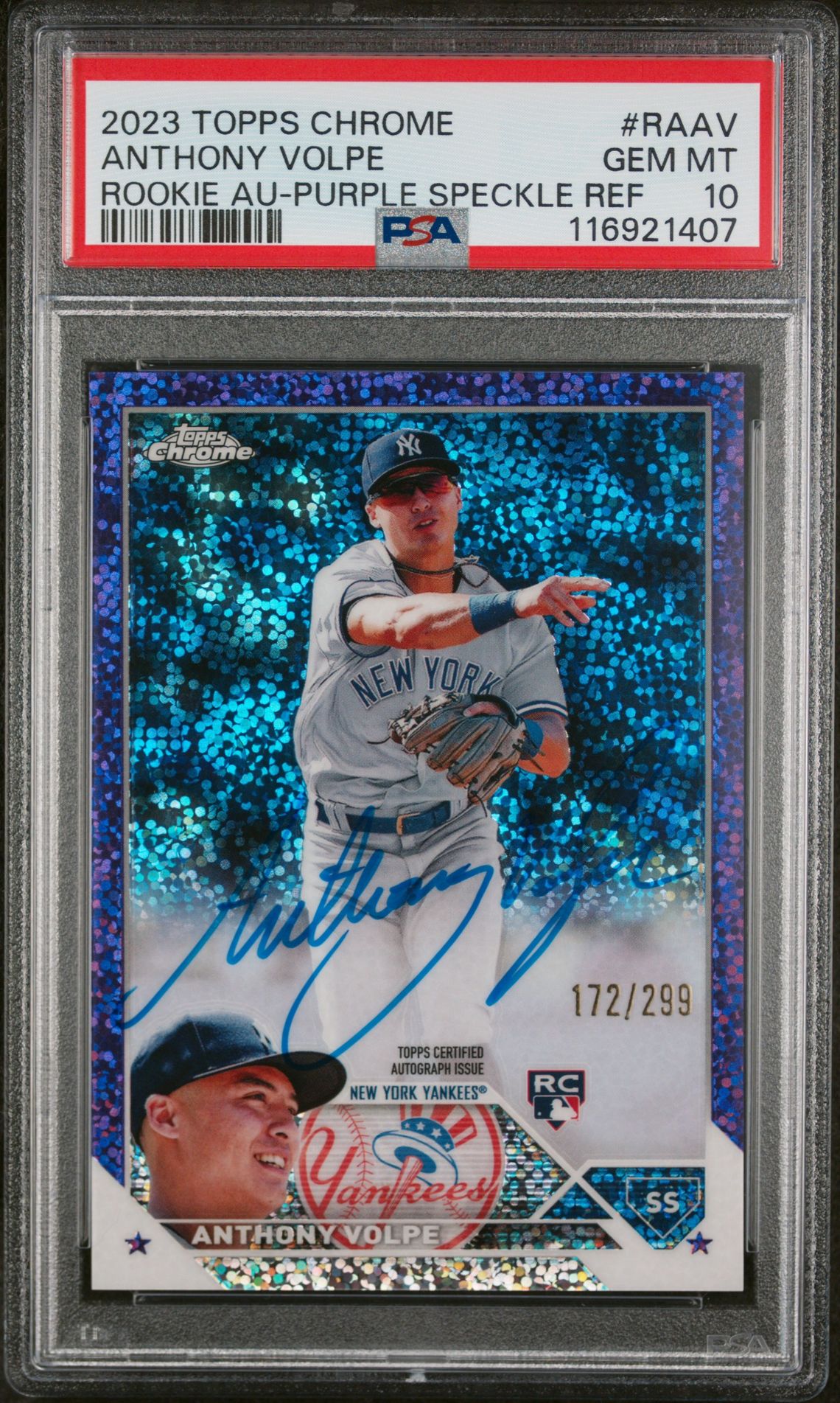 2023 Topps TOPPS CHROME ROOKIE AUTOGRAPH RKE AU-PURPLE SPECKLE REF #RAAV Anthony Volpe front