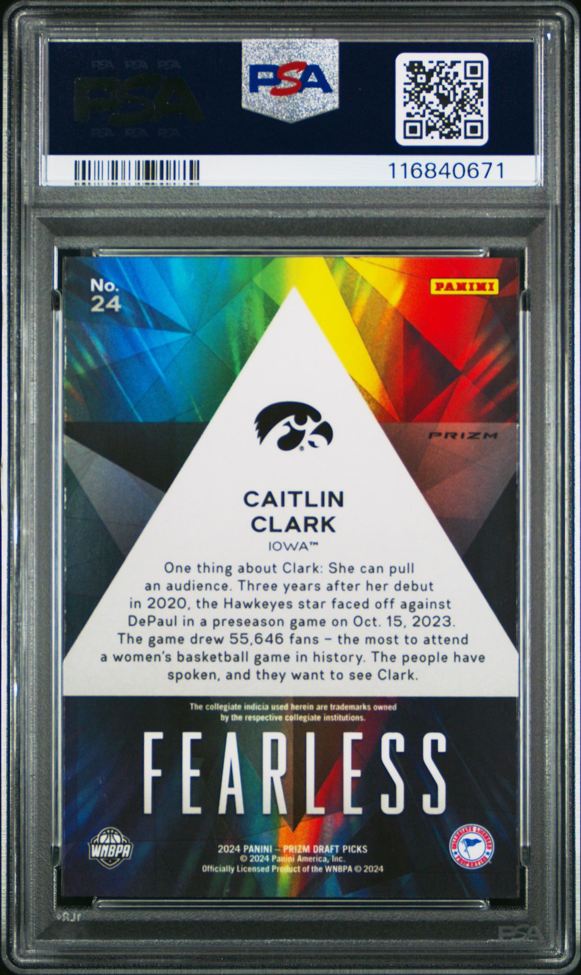 2024 PANINI PRIZM DRAFT PICKS FEARLESS CAITLIN CLARK FEARLESS-ICE 24 GEM MT 10 back