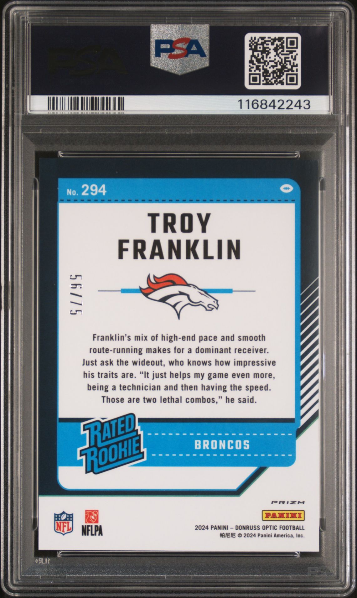 2024 Panini Donruss Optic Troy Franklin #294 (Electricity) Gem Mt 10 back
