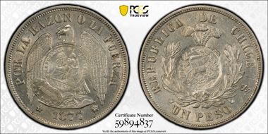 1894 Peso KM-216 C/S on 1877-So Peso AU58